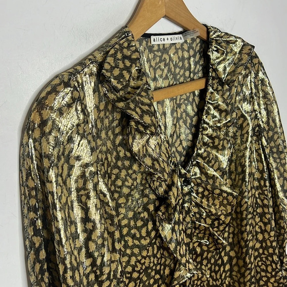 ALICE + OLIVIA Elliot Silk Gold Metallic Animal Print Ruffle Button Down Blouse - Picture 5 of 14
